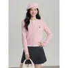 Jiangzhou Jiangz Estilo Nuevo Primavera Bordado de Oso Cuello Redondo Manga Larga Cardigan de Punto Chaqueta Top Corto Rosa