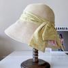 Guofeng Jacquard Embossed Willow Leaf Fisherman Hat Chapéu de palha com protetor solar de verão para crianças Chapéu de bacia com laço grande Chapéu de praia à beira-mar