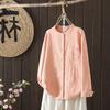 Foto Real de Artículos en Stock: Camisa Artística de Algodón y Lino Rosa Estilo Japonés Nueva para Mujer, Primavera y Otoño 2026, Cuello Redondo, Corte Holgado, Mangas Largas, Casual