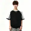 Camiseta de Manga Corta de Algodón Puro con Bloques de Color Rayados Estilo Americano Raglán para Hombre 2026 Nueva Marca de Moda Corte Holgado Estilo Universitario Versátil Casual