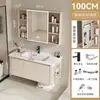Gabinete de baño de aluminio con espacio de almacenamiento lateral, adecuado para baños pequeños, con lavabo cerámico integrado y mueble tocador
