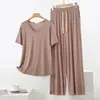 Pijama de Modal para Mujer, Estilo Veraniego Delgado, Tallas Grandes, Manga Corta, Pantalón Largo, Pantalón Casual Holgado de Pierna Ancha, Conjunto para Estar en Casa, Se Puede Usar Afuera