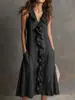 Vestido Feminino de Algodão e Linho, Cor Sólida, Sem Mangas, Decote V, Barra Larga com Babados - Lançamento Primavera/Verão 2026 Amazon Europa Transfronteiriço