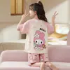 Pijama Feminino Infantil Desenho Animado Fino Manga Curta Algodão Puro Crianças Médias e Grandes Roupa Casual de Casa Verão Conjunto Pai e Filho