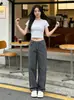 Pantalones Anchos Lisos Vintage con Botones, Adecuados para Todas las Estaciones, Estilo Coreano, Versátiles Holgados Rectos Casuales Largos para Mujer