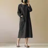 Vestido de Algodão e Linho Primavera e Outono 2024 Comprimento Médio Literário Retrô Manga Longa Estilo Japonês Mori Girl Saia Tamanho Grande Preto