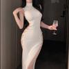 Boate Socialite Elegante Sexy Tentação Gola Média Design Valorizador do Busto Alça Vestido Longo Fenda Vestido Bodycon para Garota Quente