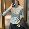 H578 Elegante Camiseta Básica de Cuello Alto Parcial Ajustada con Lazo y Estampado Floral de Manga Larga para Mujer, Directo del Fabricante