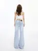 Yechuan # Jeans Flare de Cor Clara Estilo Americano para Mulheres, Verão Cintura Alta Modelagem Solta, Emagrecedor, Não Apertado Perna Reta Comprimento Total.