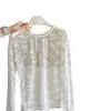 Top de malla de encaje con cuello redondo, corte ajustado, camiseta base de manga larga elástica, sexy camiseta base floral de encaje, color liso 2002