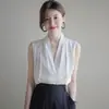 Camisa Blanca de Satén con Cuello en V Ropa de Oficina Ropa de Trabajo Traje Interior Top de Gama Alta Ropa de Negocios Camisa Blanca para Mujer Primavera