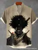 Camisa Creativa para Hombre con Cuello Mao, con Elementos de Estampado de Grulla Animal, Corte Holgado para Verano, de Lino con Mangas Cortas