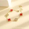 Pulsera Clásica Popular de Cuatro Hojas con Doble Cara Incrustada de Diamantes y Cinco Flores de Acero de Titanio para Mujer, Joyería de Lujo Ligero que No se Desvanece, Venta al por Mayor