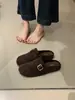 Chinelos Slip-on Femininos Outono 2026, Retro, Camurça, Forrados com Pelúcia, para Uso Externo, Fáceis de Calçar, Mules Preguiçosos, Chinelos de Algodão Falso com Dedos Separados
