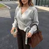 AliExpress Wish Suéter de Punto para Mujer Primavera/Otoño Estilo Europeo y Americano, Elegante Diseño de Tiras Cruzadas, Suéter de Punto Delgado de Manga Larga