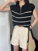 Tricô Sem Mangas com Zíper e Gola Polo Estilo Coreano para Mulheres 2026 Verão Novo Listrado Top de Aparência Slimming de Alta Qualidade