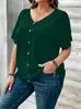 25 Ropa de Mujer Transfronteriza Europea y Americana Amazon Suéter de Cuello en V Manga Corta de un Solo Botón Camiseta Holgada Camisa Elegante y con Clase