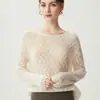 Tejido de Punto 100% Cachemir Cuello Redondo Hueco Ola de Pétalos Primavera Otoño Capa Base Jersey Perezoso
