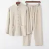 Traje Tang de Algodão e Linho Estilo Chinês Traje de Manga Longa Masculino Estilo Chinês Retrô Solto Dinastia Han Top Tai Chi Traje Zen Traje de Leigo