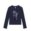 Camiseta Básica Azul Marinho de Gola Redonda e Manga Longa para Mulheres, Novo Estilo Cartoon Girl Americano, Top Versátil de Caimento Justo para Primavera e Outono