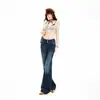 Jeans para mujer transfronterizos, ligeramente acampanados, estilo americano, de doble botón, tiro bajo, lavado azul grisáceo oscuro, pantalones largos, azul grisáceo oscuro, longitud extendida, Yichun