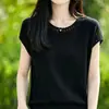 Blusa de Tricô Feminina Nova Primavera e Verão em Tencel e Linho, Gola Redonda, Mangas Curtas com Babados Pequenos, Cor Sólida, Design Vazado, Camisa Básica, T-Shirt, Tendência
