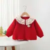 Abrigo de Encaje Rojo para Primavera y Otoño con Decoración de Conejo 3D, Cardigan Holgado Elegante para Bebés y Niños Pequeños