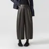 Pantalones de pierna ancha rectos casuales holgados de cintura alta versátiles negros retro de nueve puntos ajustados pantalones de cuero mujer cintura semi-elástica patchwork