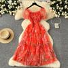 Vestido de chiffon vintage floral suave francês transfronteiriço para chá, cintura elegante, um ombro, manga bufante, vestido de malha