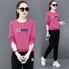 Conjunto de Sudadera con Cuello Redondo y Manga Larga, Estampado de Letras, Bloques de Color y Patchwork de Moda para Mujer, Primavera y Otoño, Tallas Grandes, Conjunto Casual Elegante de Dos Piezas