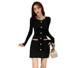 Vestido longo preto de outono estilo francês para mulheres, novo design elegante, acinturado, vestido curto emagrecedor