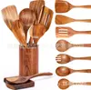 Amazon Mais Vendido Conjunto de Espátula e Colher para Cozinha com Cabo Longo de Madeira de Acácia Conjunto de Sete Peças Espátula para Panela de Madeira Maciça Conjunto de Oito Peças Colher de Sopa Atacado