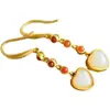 Pendientes de Plata 925 para Mujer, Pendientes de Jade Blanco Hetian con Forma de Corazón, Ganchos para Oreja de Ágata Roja del Sur de Moda Vintage, Pendientes de Nicho de Instagram