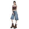 Jeans azules de tiro alto y pierna recta estilo americano para mujer, pantalones holgados de pierna ancha de largo medio, pantalones capri versátiles y drapeados