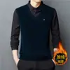 Suéter para Hombre Otoño e Invierno Tejido de Punto Falso de Dos Piezas Camisa de Cuello para Mediana Edad y Adulto Mayor Forrado de Felpa Engrosado Transfronterizo Cálido Camiseta Base