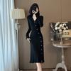Falda de punto estilo Chanel con mangas acampanadas, elegante vestido de punto ajustado con solapa pequeña para mujer.