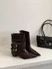 Botines de moda estilo francés con punta y tacón grueso para mujer, nuevo modelo primavera y otoño 2025, botas de media caña con hebilla de cinturón retro