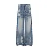 Calça jeans masculina com lavagem degradê, marca moderna, com vincos de raio, desgastada e desbotada, calça reta solta de perna larga, estilo vibe