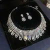 Aretes y collar de dos piezas con colgante de flor y gota de agua incrustados con diamantes, cadena para la clavícula de moda y exquisita, joyería de lujo ligero y de alta gama para mujer