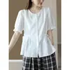 Camisa feminina de algodão e linho jacquard texturizado artístico, senso de design nicho, gola redonda, renda, manga média, top shirt, verão