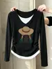 Camiseta feminina de algodão puro com manga longa e decote V, design de peça dupla falsa, moda versátil, modelagem slim, afina a cintura, peça básica para outono