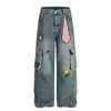 Pantalones Cargo de Mezclilla a Cuadros Bordados Divertidos Creativos Americanos 2025 Nuevo Corte Recto Holgado para Hombres y Mujeres