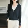 Camisa base de punto con bloques de color transfronterizos, estilo dos piezas falso, para mujer, 26 nuevos estilos primavera/otoño, cárdigan de lana de hilo fino, prenda exterior versátil y estilizada