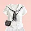 Conjunto de Dos Piezas para Niña 2026: Capa a Rayas con Cuello Azul Marino Top de Manga Corta y Falda Larga de Estilo Coreano