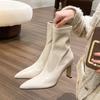 Botas finas de salto alto pontudo de alta qualidade e suaves Botas curtas finas de couro macio para mulheres Botas simples femininas de primavera e outono