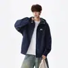 Sudadera cárdigan con capucha de patchwork deconstruido azul marino para hombre, tendencia de otoño, holgada, casual, deportiva, elegante, chaqueta con capucha