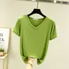 Camiseta feminina de manga curta com decote em V, cor sólida branca de verão, nova camiseta básica feminina de modal estilo coreano