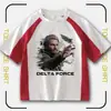 Camiseta estampada de manga curta com tema do jogo Delta Force para crianças mais velhas, top de gola redonda para estudantes no verão, forças especiais
