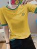 Camiseta de manga corta de algodón flameado de estilo coreano de verano de talla grande para mujer, bordada, holgada, con contraste de color y combinable, popular este año