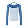 Camiseta ajustada de manga larga para mujer, color rosa melocotón, con paneles, estilo dos piezas falsas, top dopamine American chic hot girl, otoño 2026
